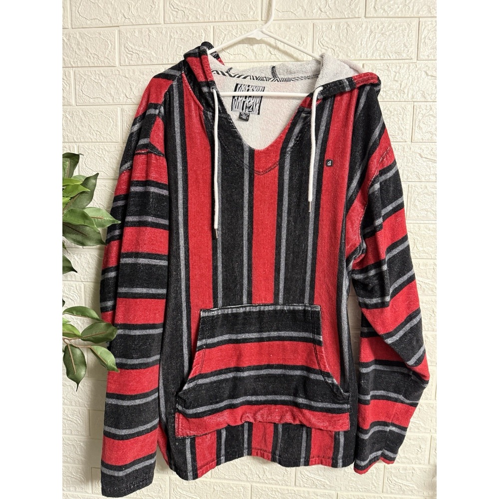 Volcom Striped Towel Poncho Pullover Hoodie Mens 2XL Black Red A4111003 Y2K